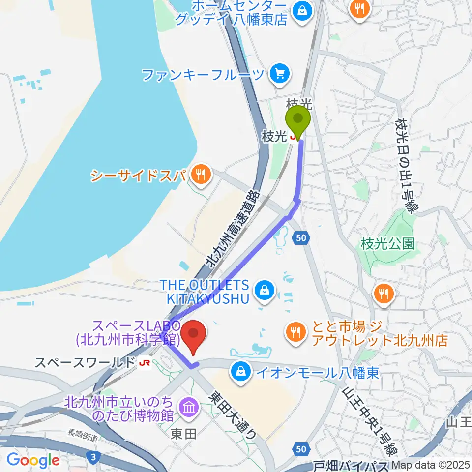 枝光駅からスペースLABOへのルートマップ地図