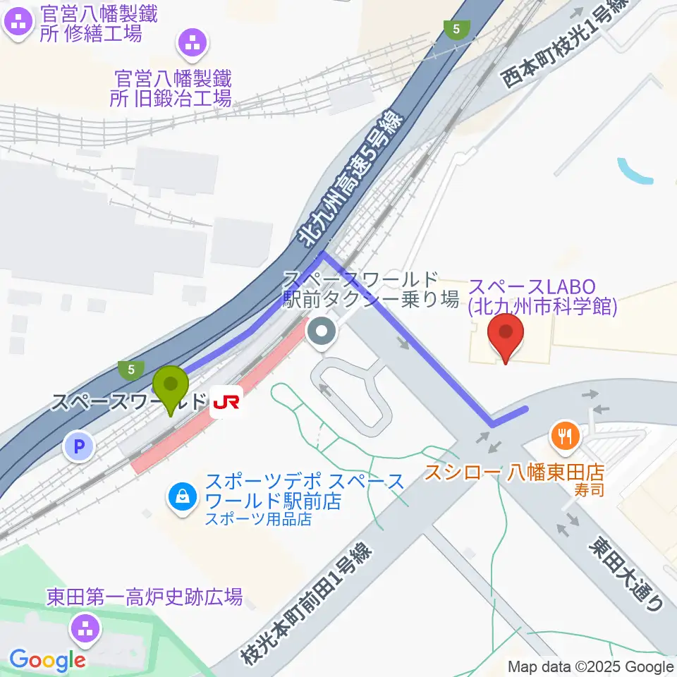 スペースLABOの最寄駅スペースワールド駅からの徒歩ルート（約4分）地図