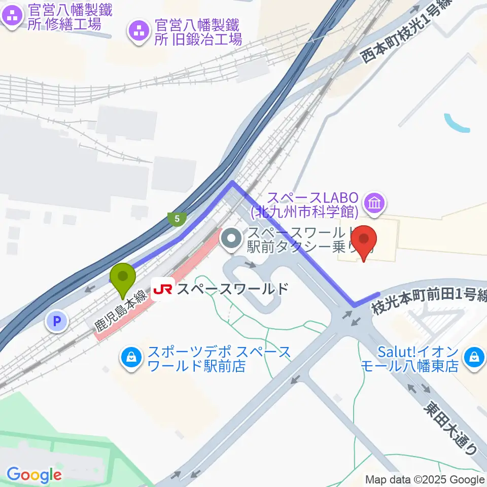 スペースLABOの最寄駅スペースワールド駅からの徒歩ルート（約4分）地図