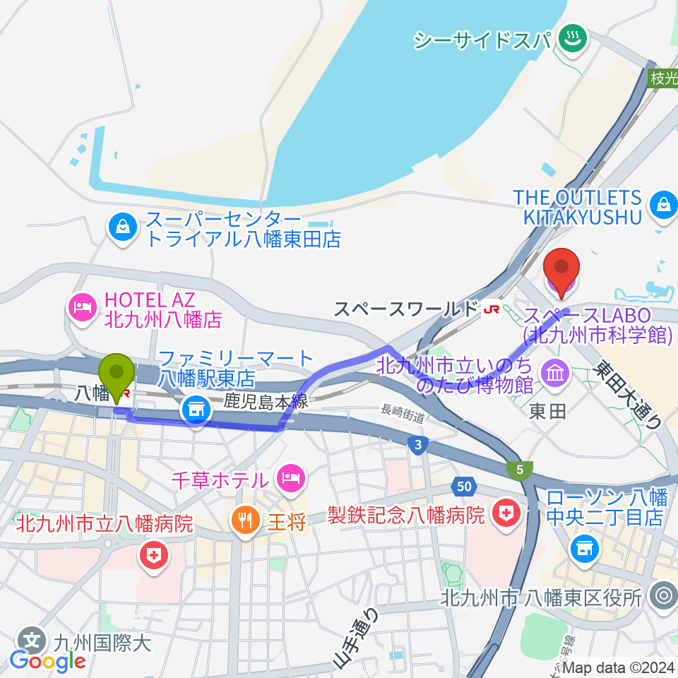 八幡駅からスペースLABOへのルートマップ地図