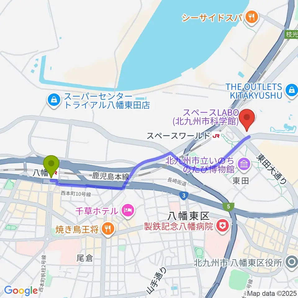 八幡駅からスペースLABOへのルートマップ地図