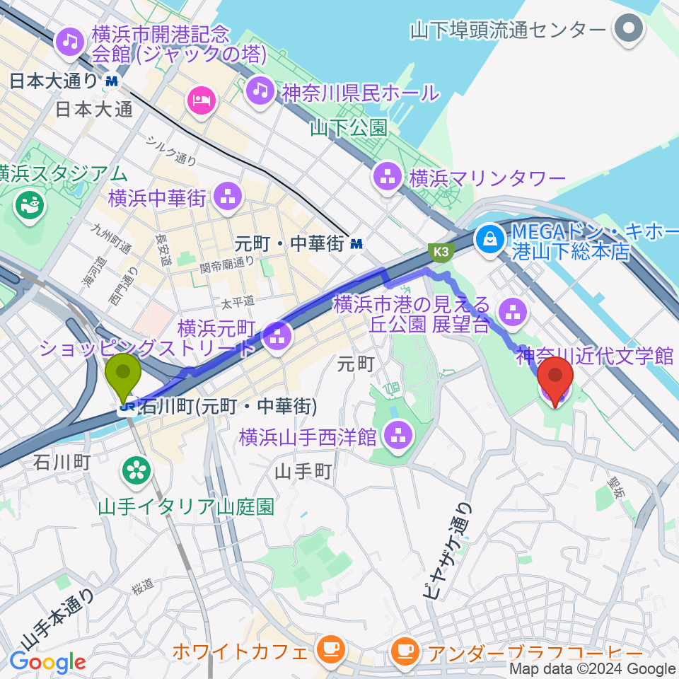 石川町駅から神奈川近代文学館へのルートマップ地図