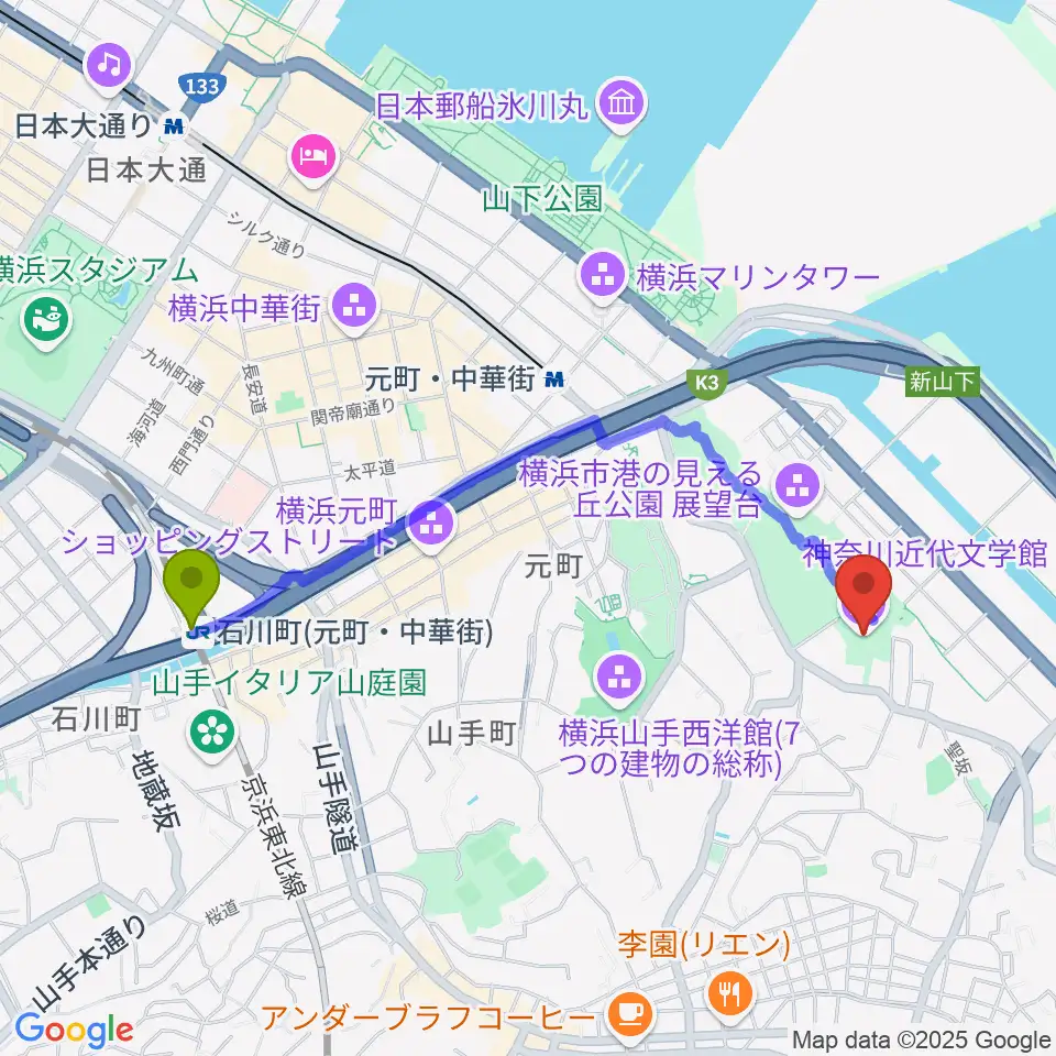 石川町駅から神奈川近代文学館へのルートマップ地図