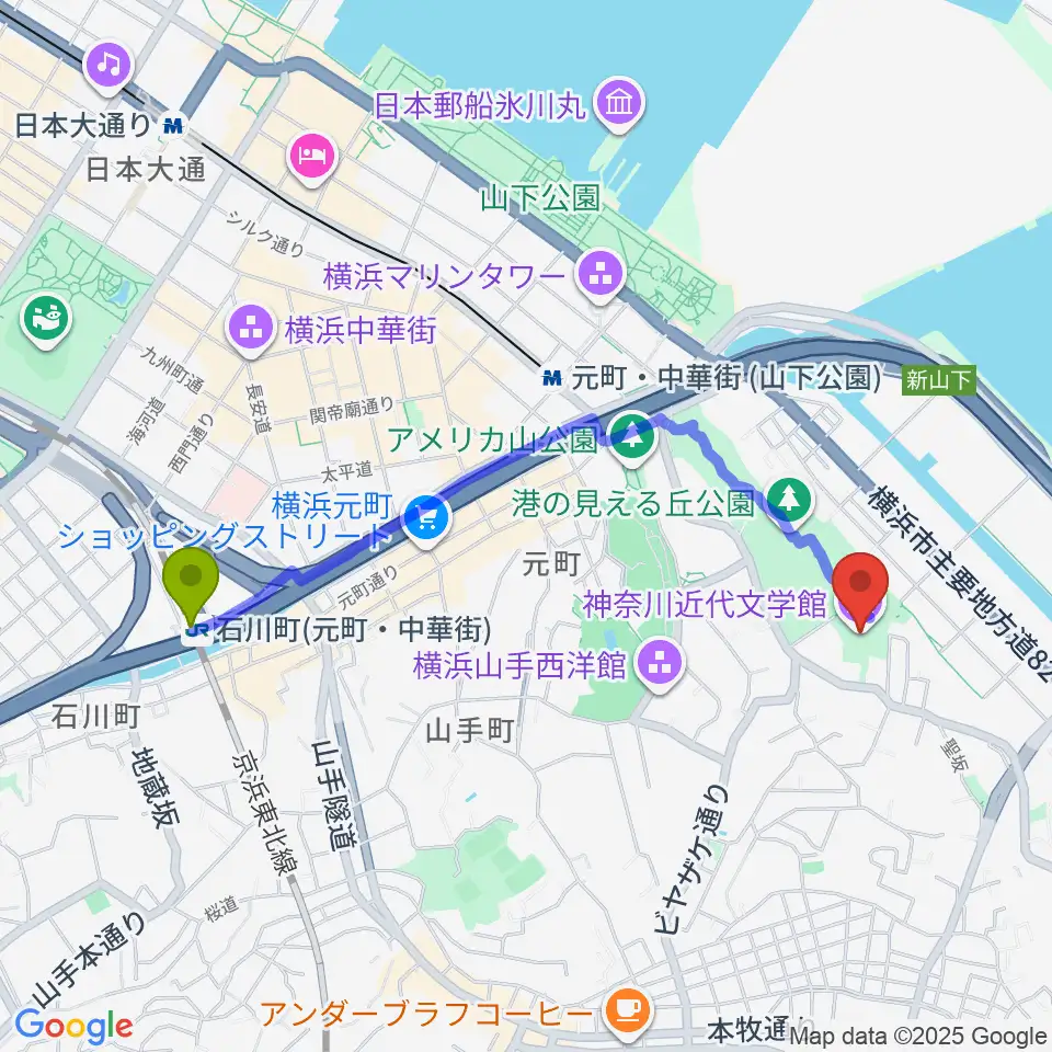 石川町駅から神奈川近代文学館へのルートマップ地図