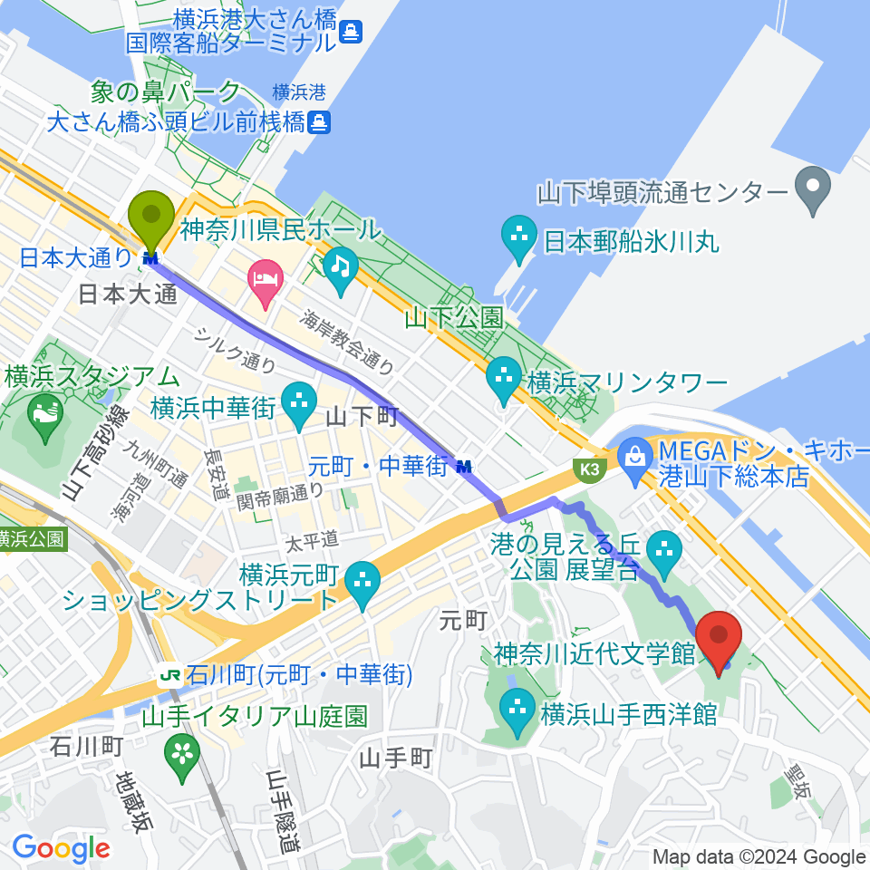 日本大通り駅から神奈川近代文学館へのルートマップ地図