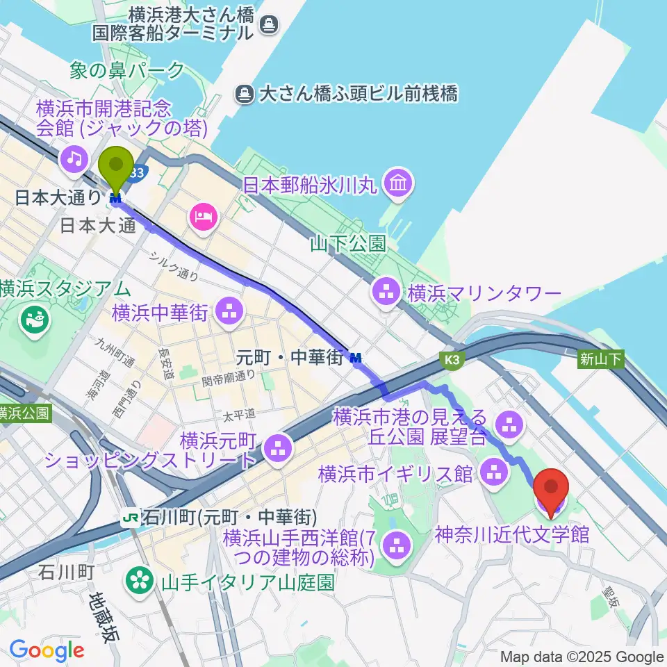 日本大通り駅から神奈川近代文学館へのルートマップ地図