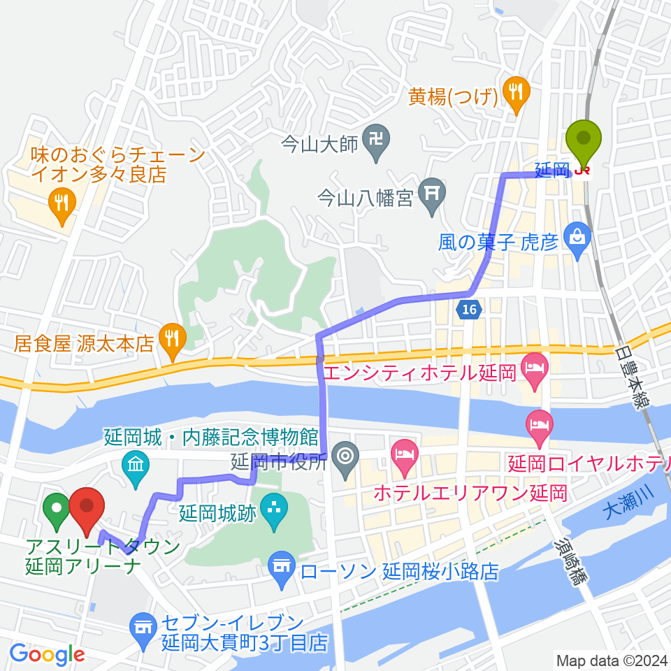 アスリートタウン延岡アリーナの最寄駅延岡駅からの徒歩ルート（約30分）地図