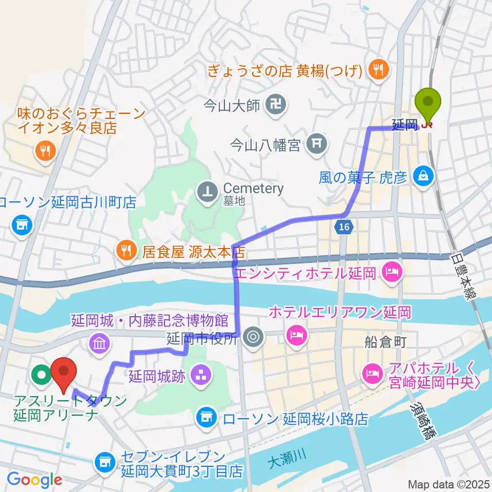 アスリートタウン延岡アリーナの最寄駅延岡駅からの徒歩ルート（約30分）地図