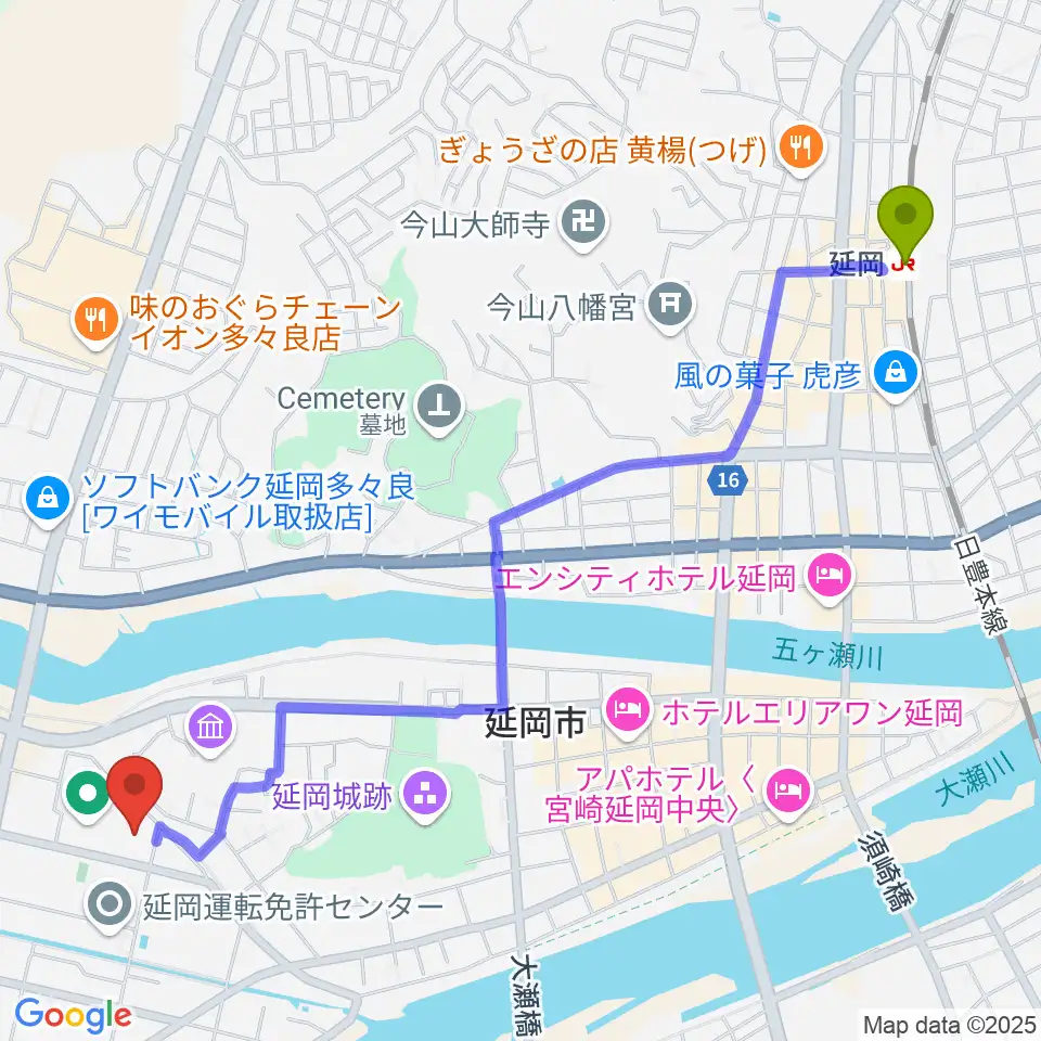 アスリートタウン延岡アリーナの最寄駅延岡駅からの徒歩ルート（約30分）地図
