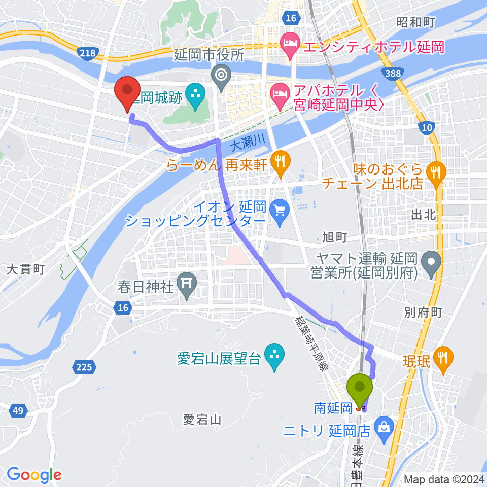 南延岡駅からアスリートタウン延岡アリーナへのルートマップ地図