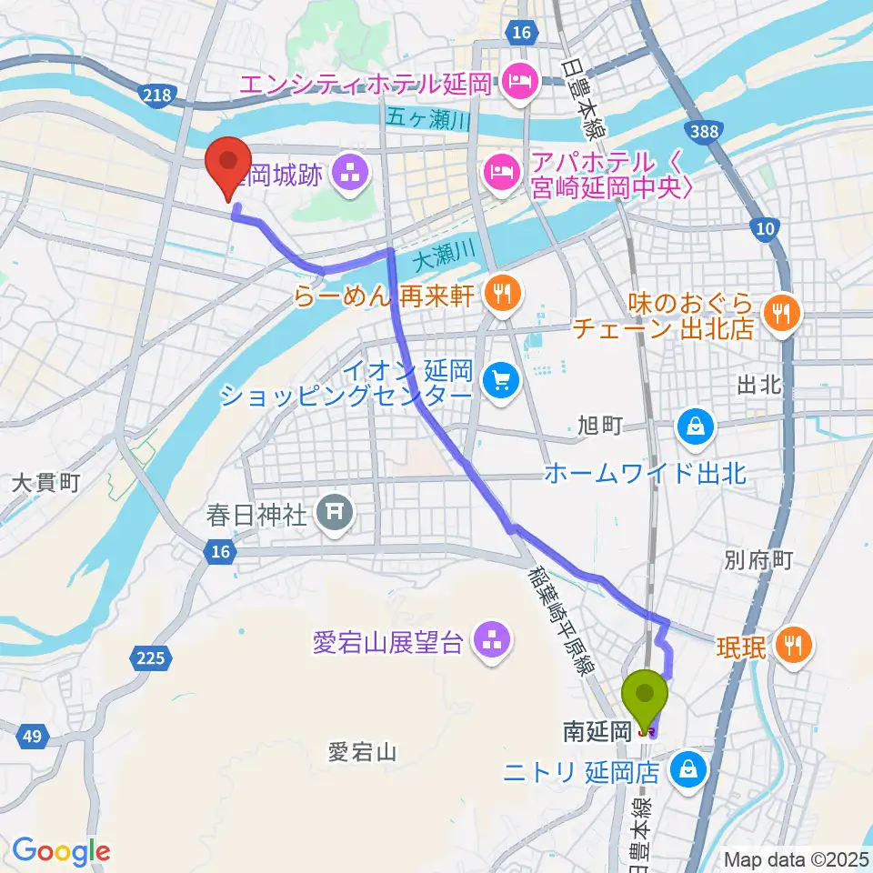 南延岡駅からアスリートタウン延岡アリーナへのルートマップ地図