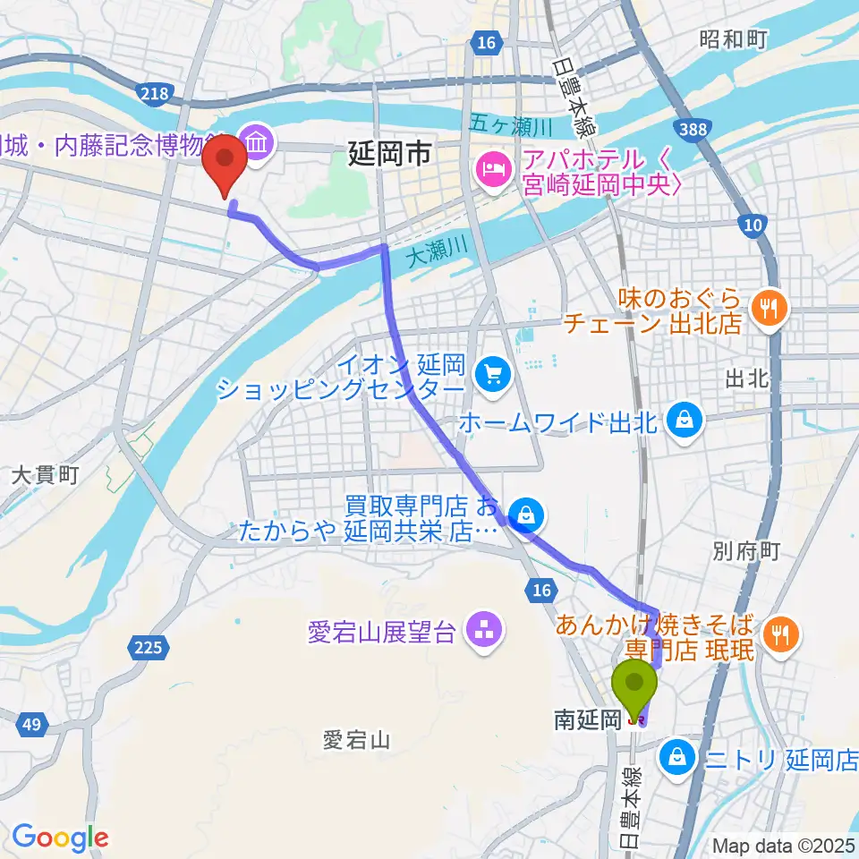 南延岡駅からアスリートタウン延岡アリーナへのルートマップ地図