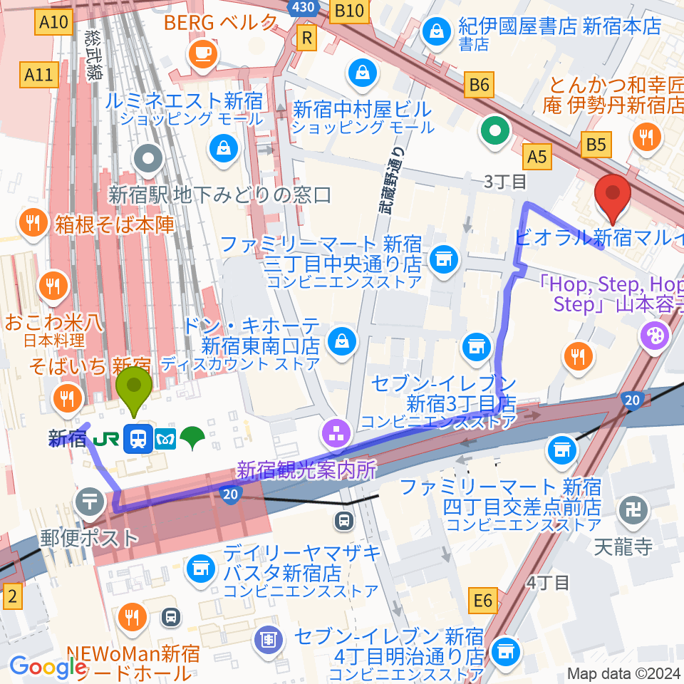 新宿駅からシアターマーキュリー新宿へのルートマップ地図