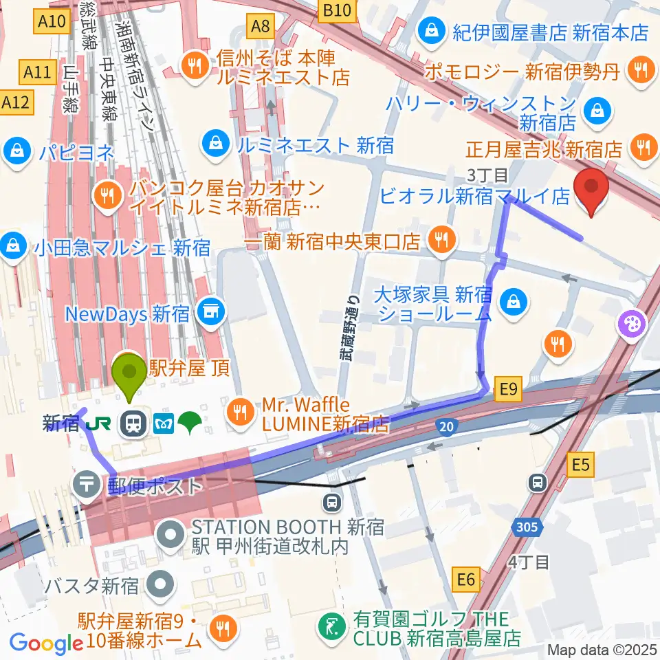 新宿駅からシアターマーキュリー新宿へのルートマップ地図