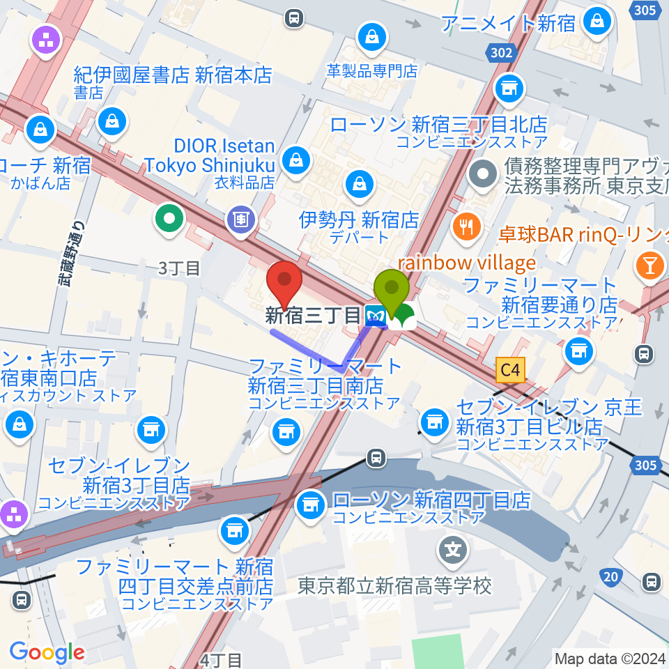 シアターマーキュリー新宿の最寄駅新宿三丁目駅からの徒歩ルート（約1分）地図