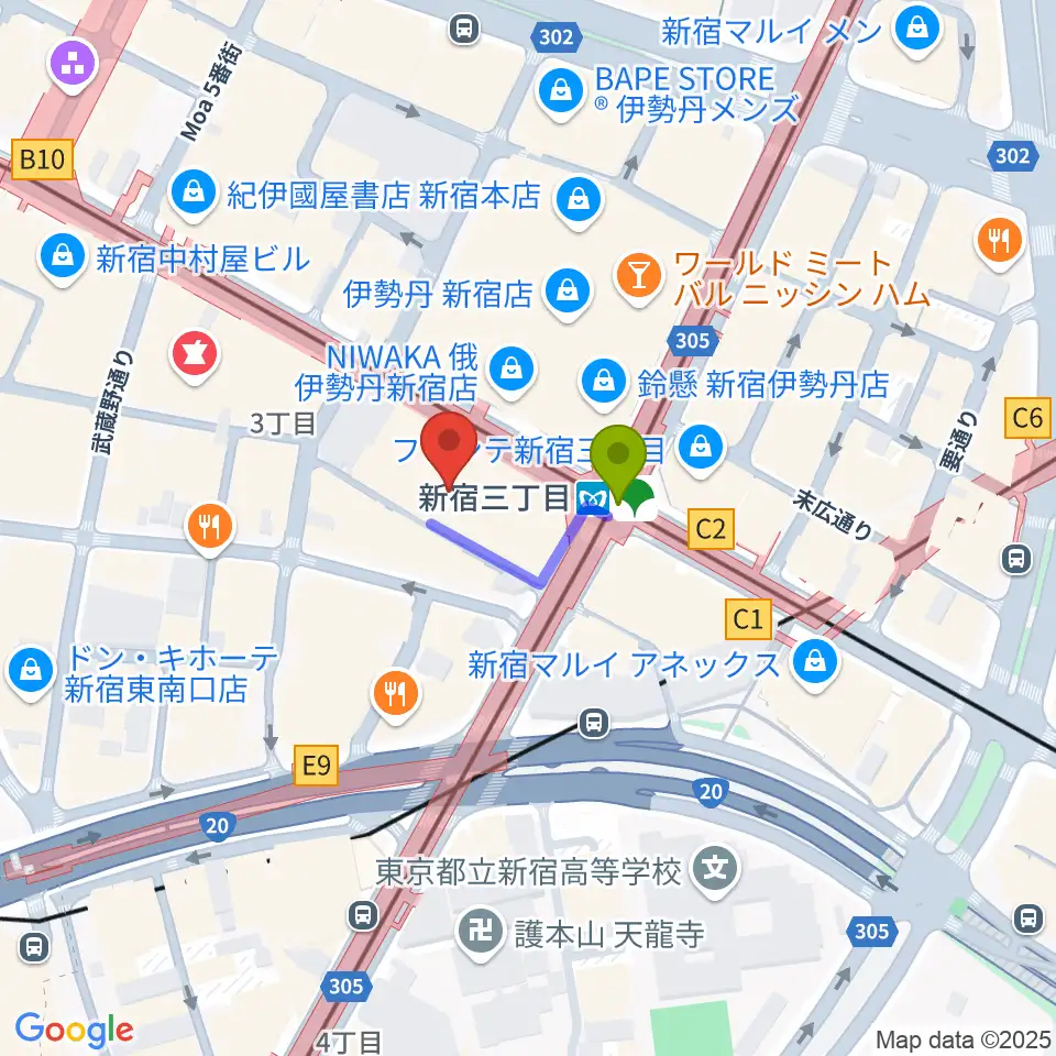 シアターマーキュリー新宿の最寄駅新宿三丁目駅からの徒歩ルート（約1分）地図