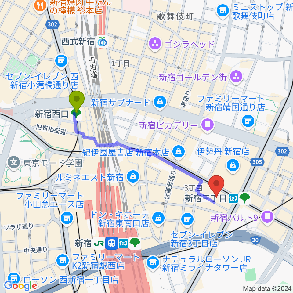 新宿西口駅からシアターマーキュリー新宿へのルートマップ地図