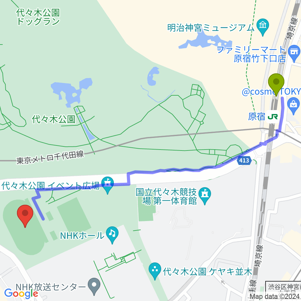 原宿駅から代々木公園陸上競技場へのルートマップ地図