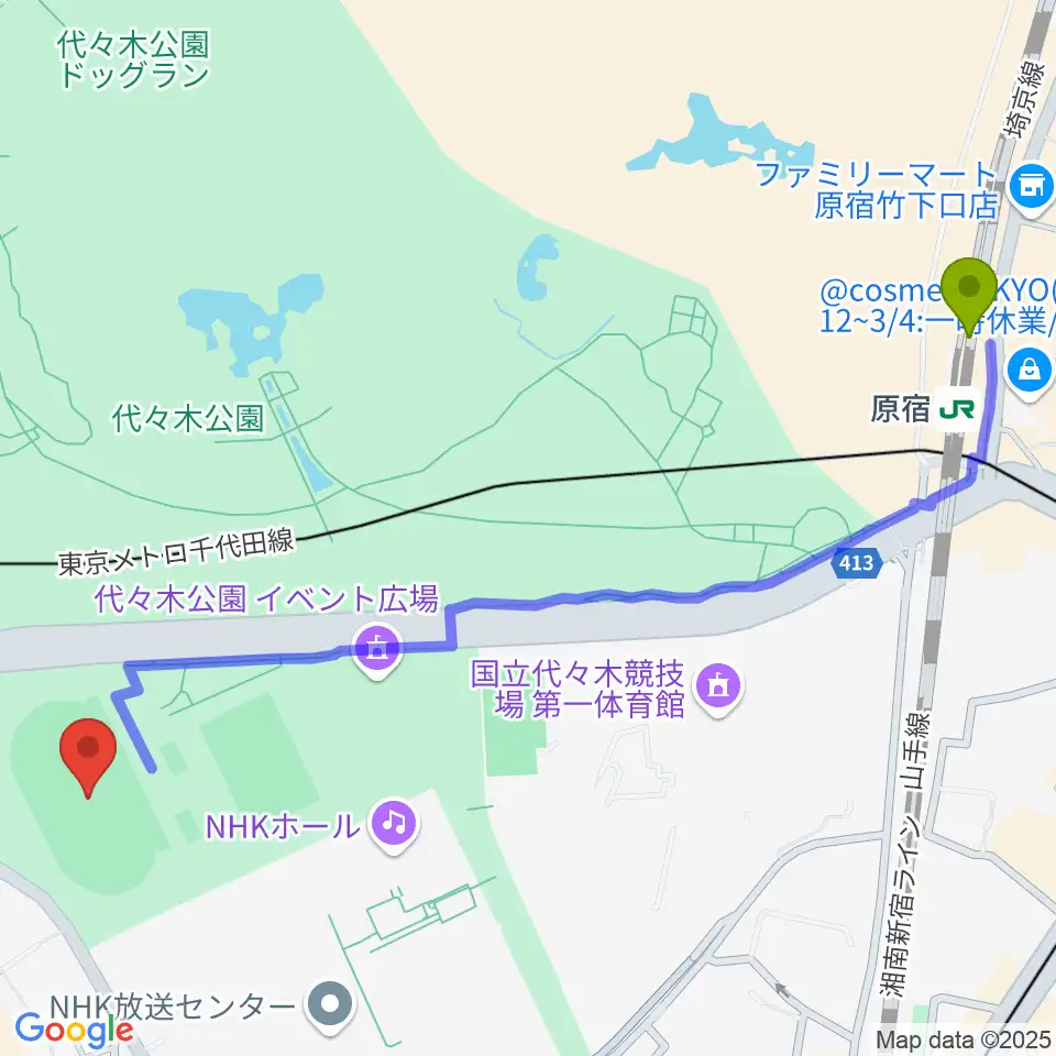 原宿駅から代々木公園陸上競技場へのルートマップ地図