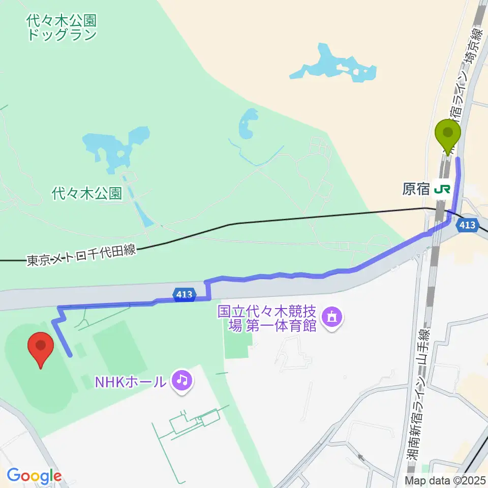 原宿駅から代々木公園陸上競技場へのルートマップ地図