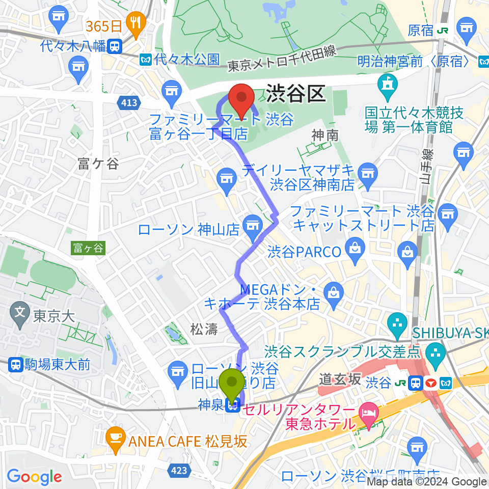 神泉駅から代々木公園陸上競技場へのルートマップ地図