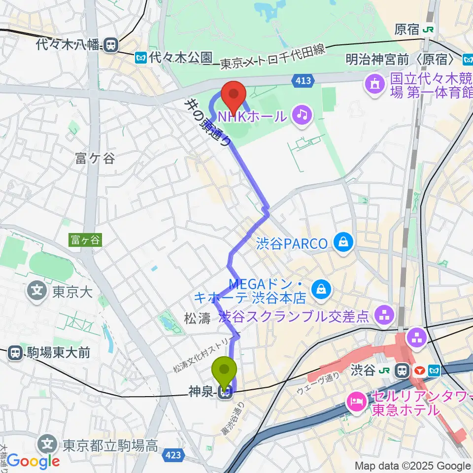 神泉駅から代々木公園陸上競技場へのルートマップ地図