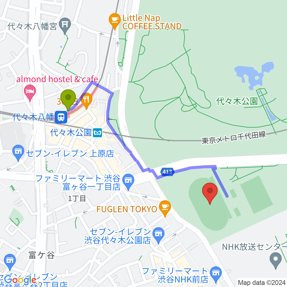 代々木公園陸上競技場の最寄駅代々木八幡駅からの徒歩ルート（約9分）地図