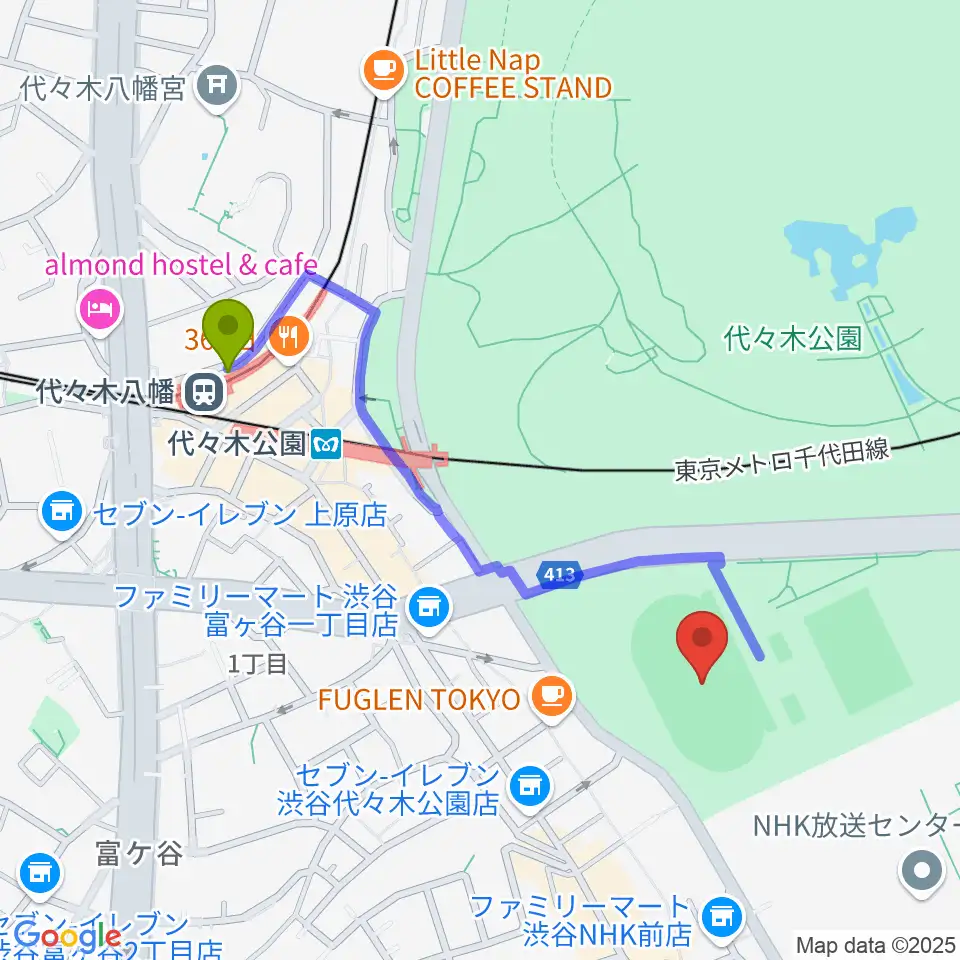 代々木公園陸上競技場の最寄駅代々木八幡駅からの徒歩ルート（約9分）地図