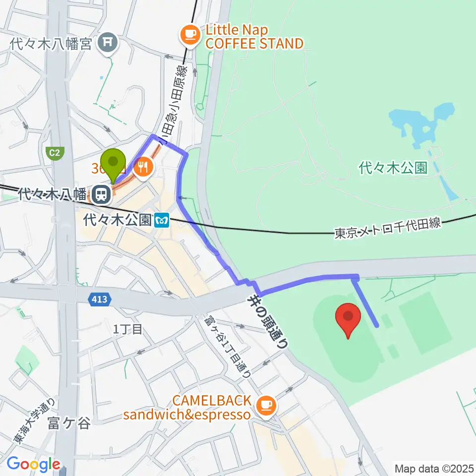 代々木公園陸上競技場の最寄駅代々木八幡駅からの徒歩ルート（約9分）地図