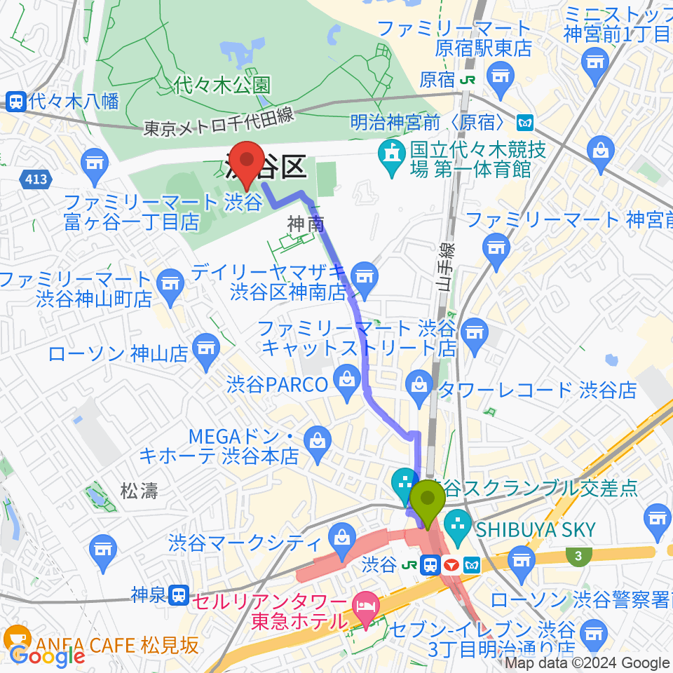 渋谷駅から代々木公園球技場へのルートマップ地図