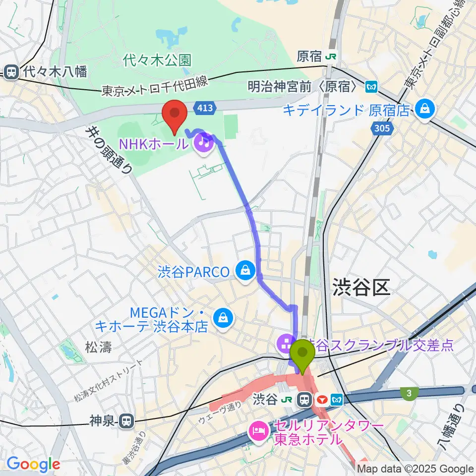 渋谷駅から代々木公園球技場へのルートマップ地図