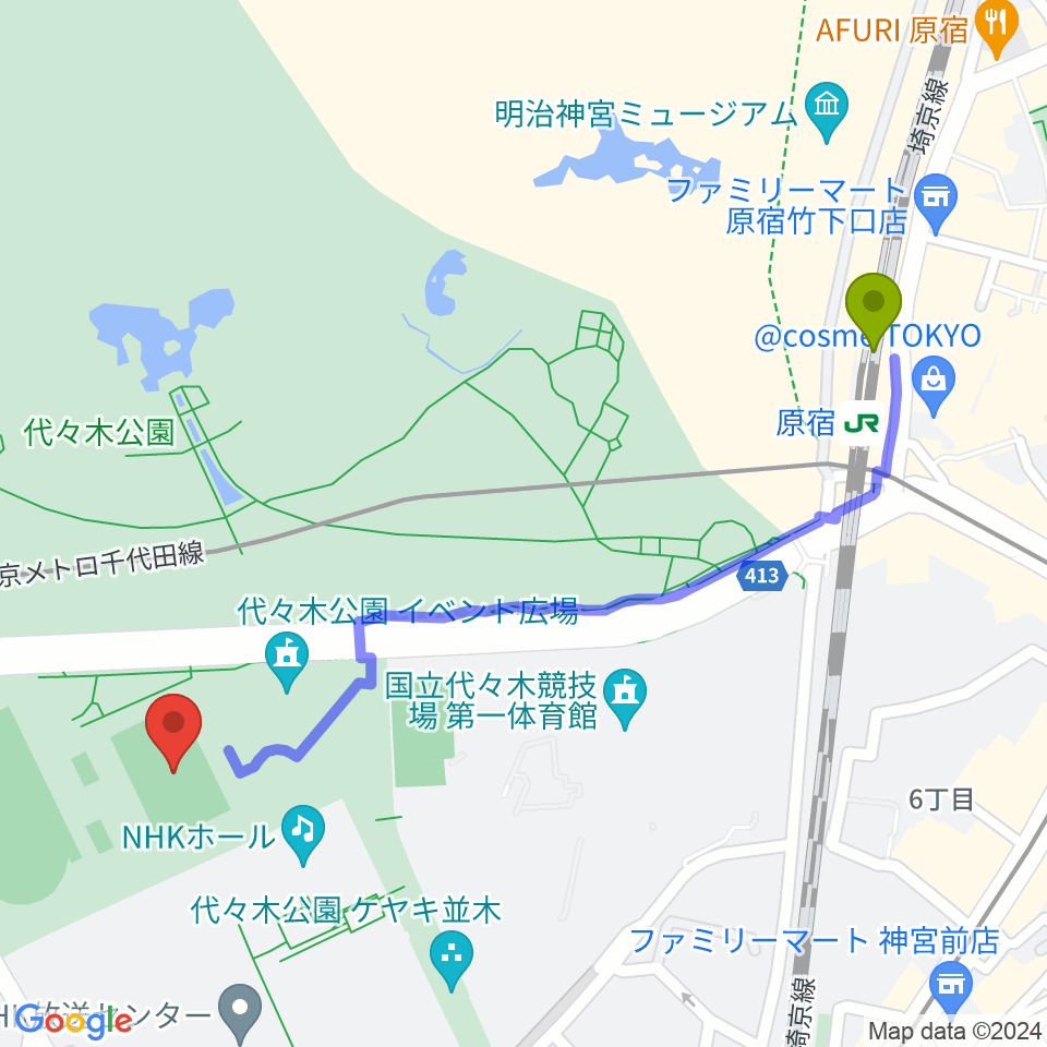 原宿駅から代々木公園球技場へのルートマップ地図