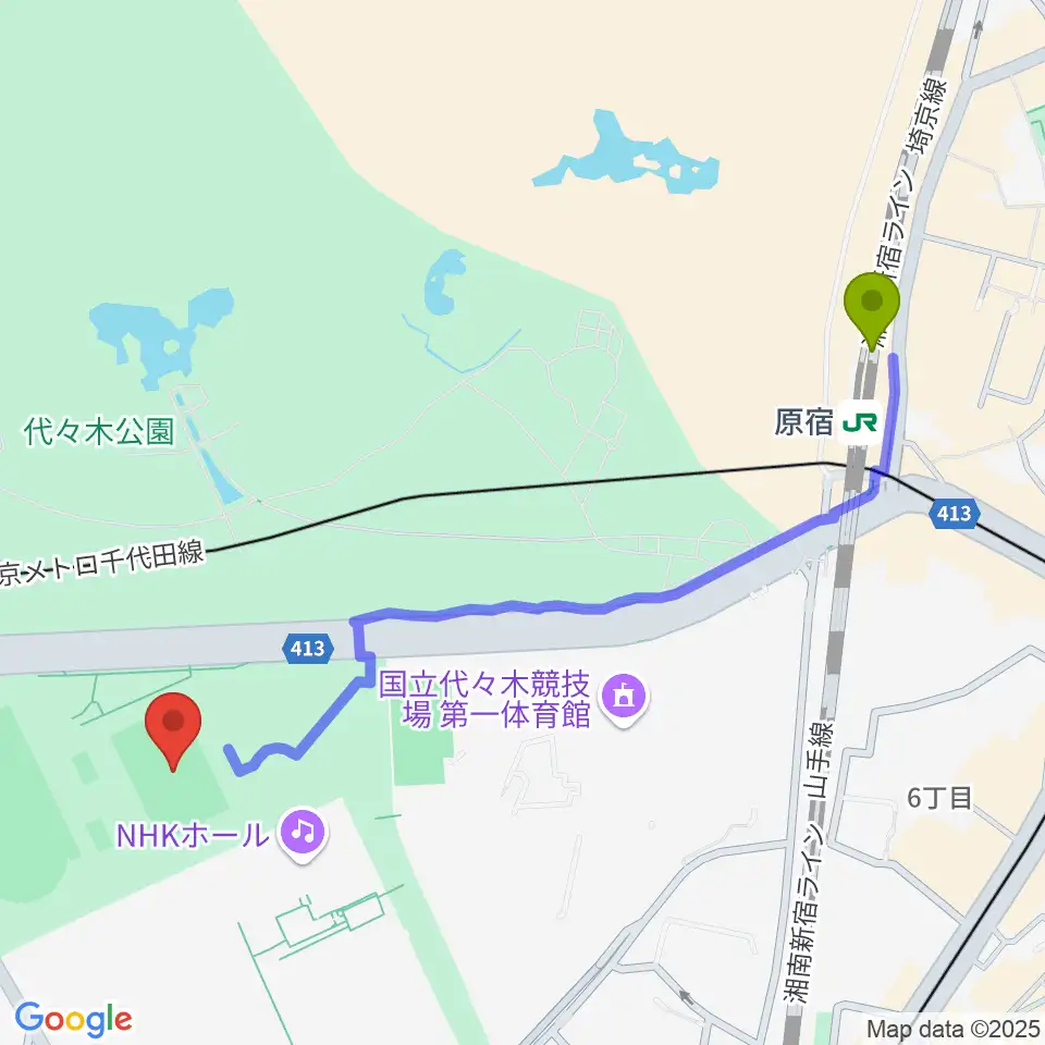 原宿駅から代々木公園球技場へのルートマップ地図