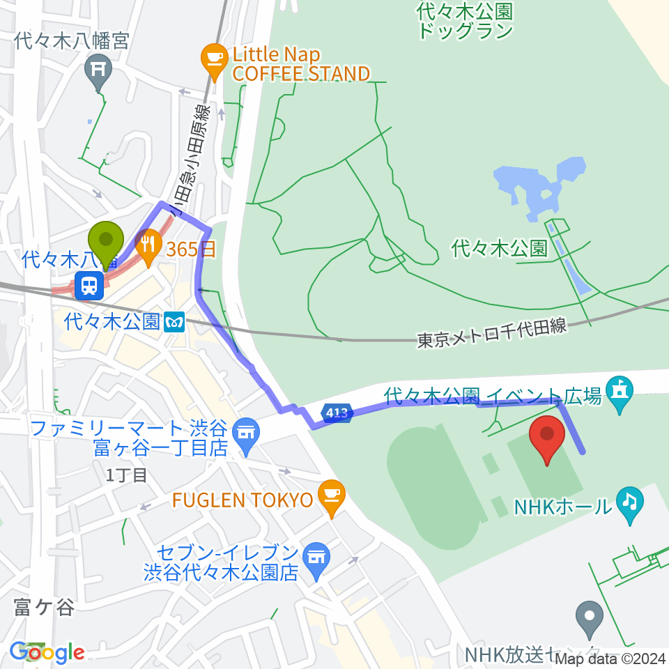 代々木公園球技場の最寄駅代々木八幡駅からの徒歩ルート（約11分）地図