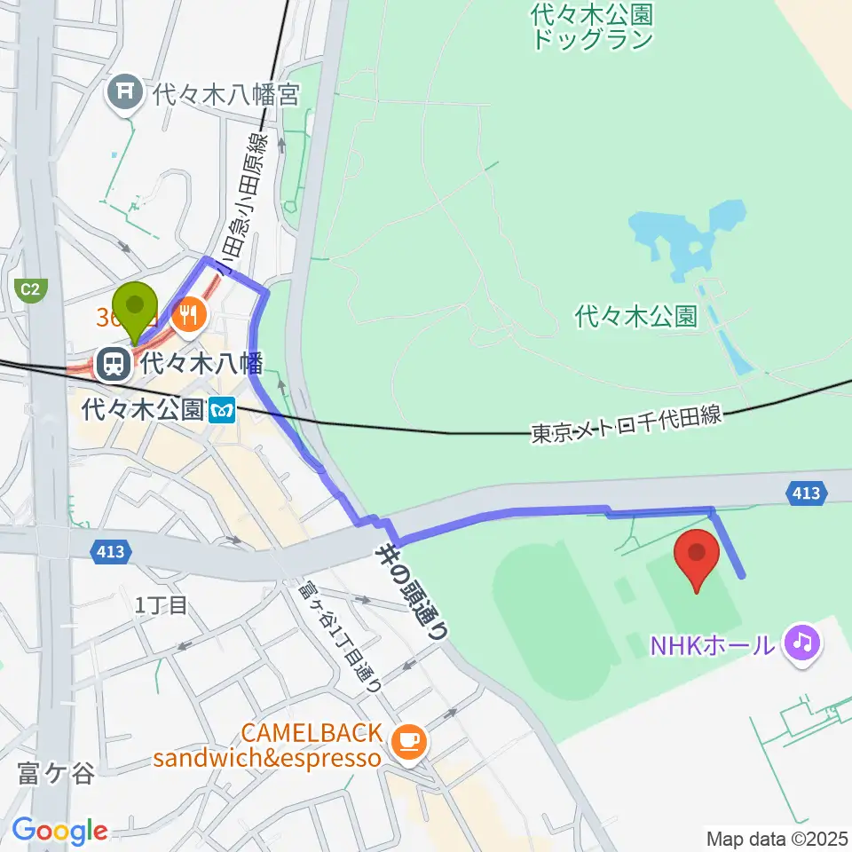 代々木公園球技場の最寄駅代々木八幡駅からの徒歩ルート（約11分）地図