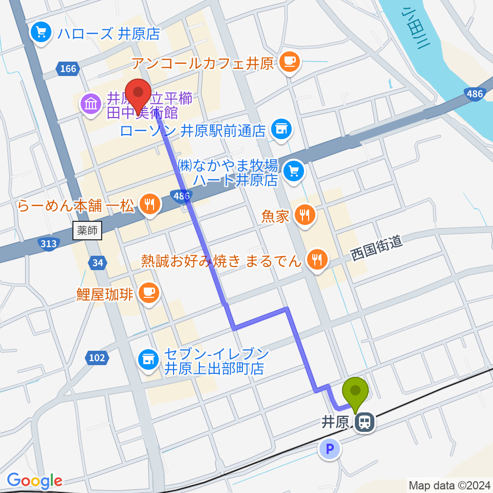 井原市民会館の最寄駅井原駅からの徒歩ルート（約12分）地図