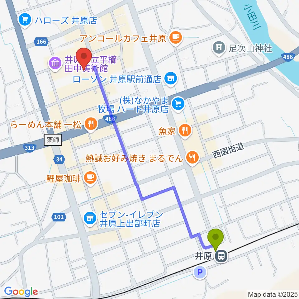 井原市民会館の最寄駅井原駅からの徒歩ルート（約12分）地図