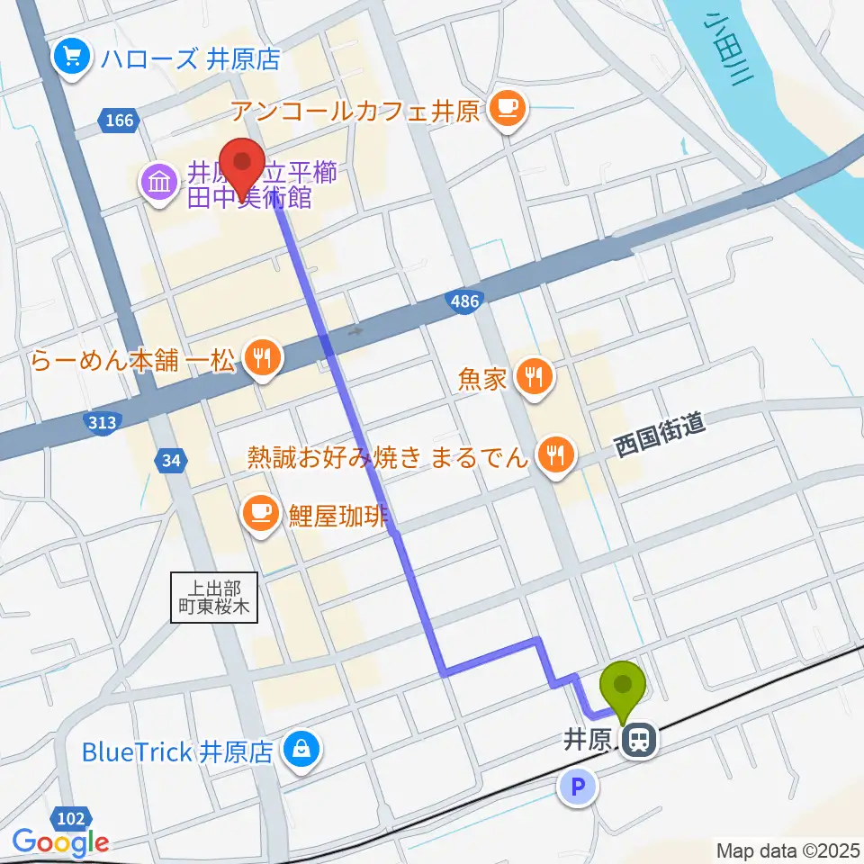 井原市民会館の最寄駅井原駅からの徒歩ルート（約12分）地図