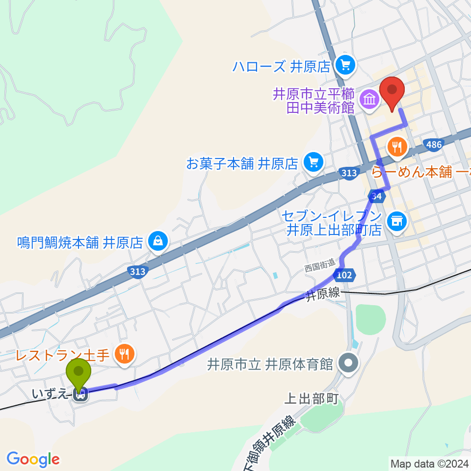 いずえ駅から井原市民会館へのルートマップ地図