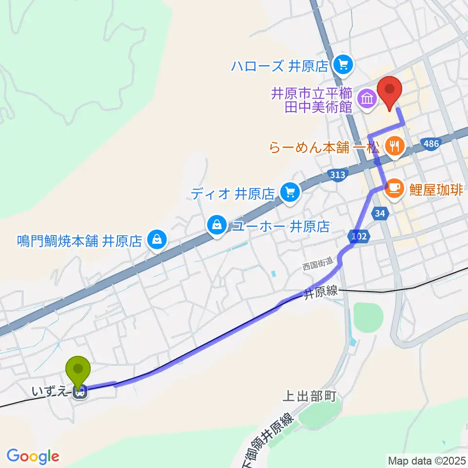 いずえ駅から井原市民会館へのルートマップ地図