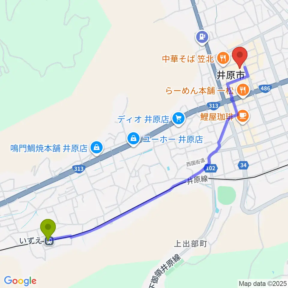 いずえ駅から井原市民会館へのルートマップ地図