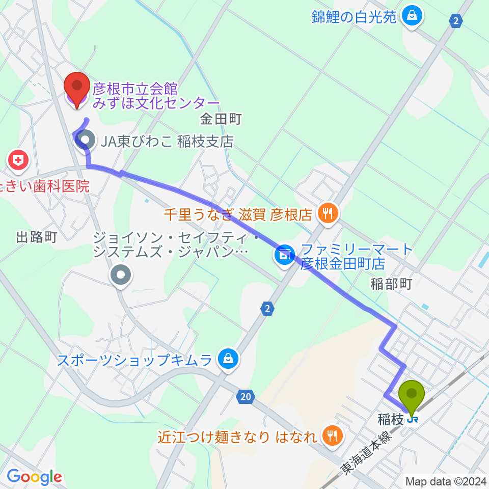 彦根市みずほ文化センターの最寄駅稲枝駅からの徒歩ルート（約29分）地図