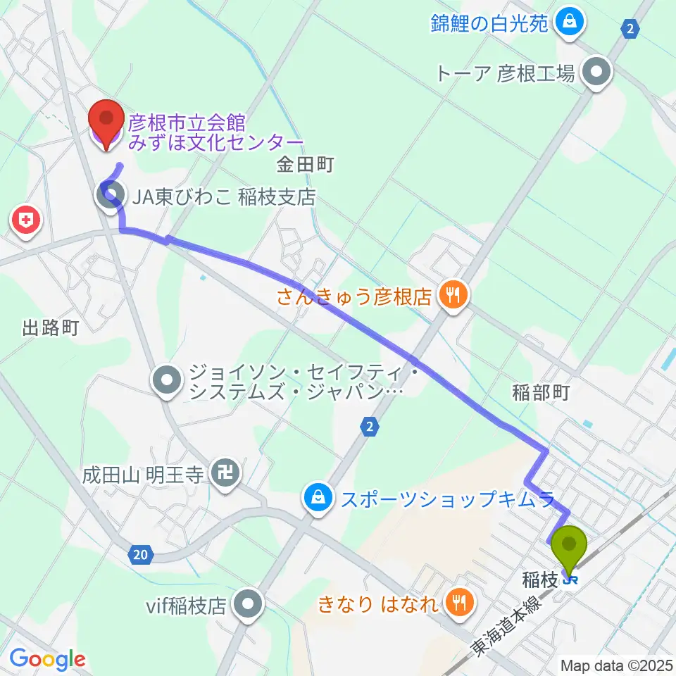 彦根市みずほ文化センターの最寄駅稲枝駅からの徒歩ルート（約29分）地図
