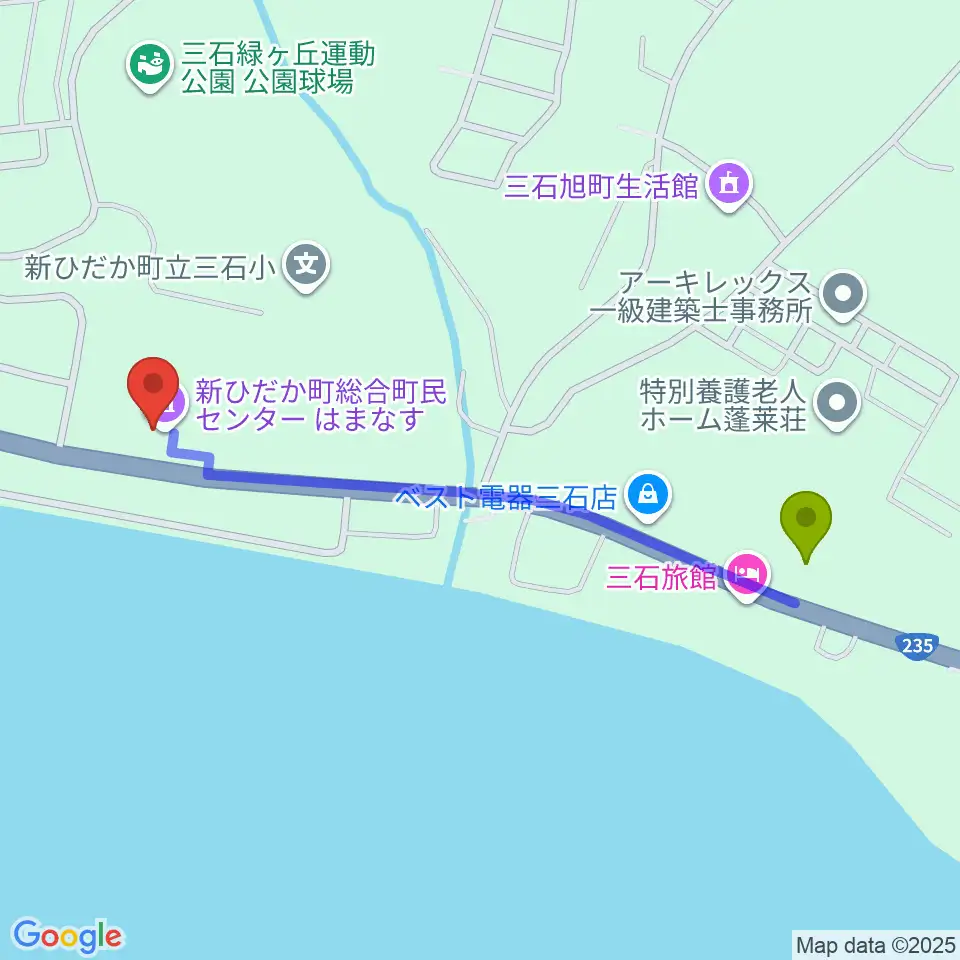 新ひだか町総合町民センターはまなすの最寄駅日高三石駅からの徒歩ルート（約10分）地図