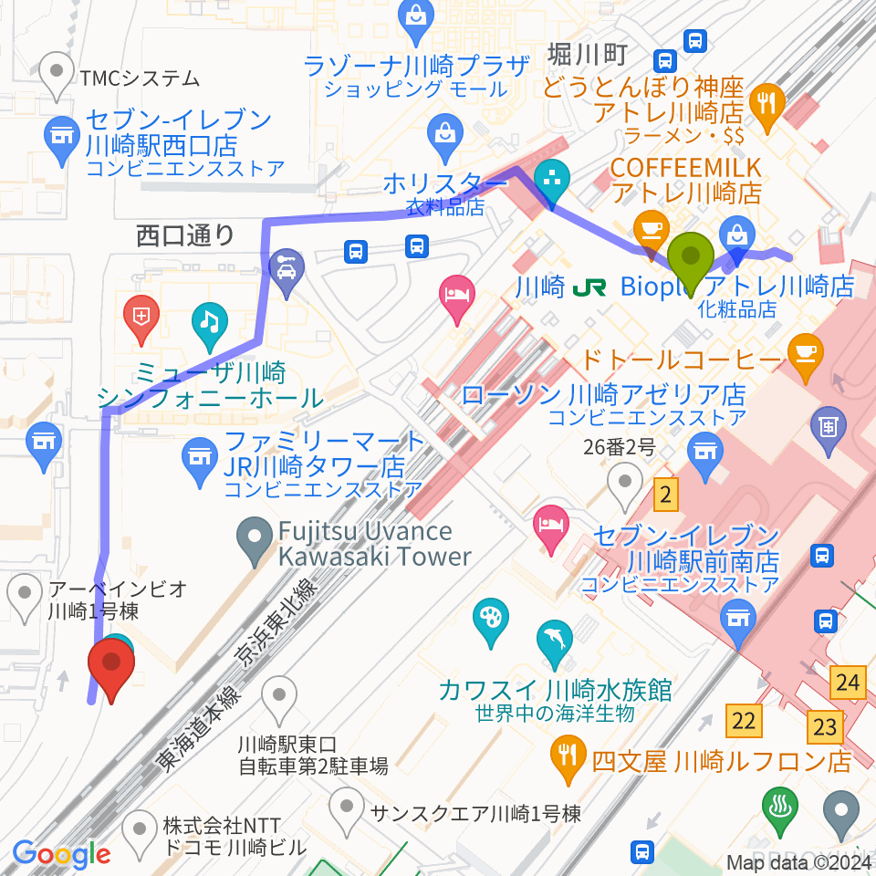 SUPERNOVA川崎の最寄駅川崎駅からの徒歩ルート（約6分）地図