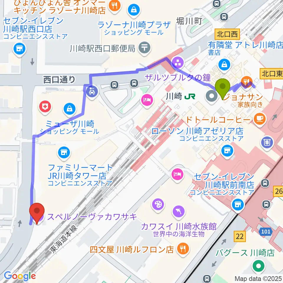 SUPERNOVA KAWASAKIの最寄駅川崎駅からの徒歩ルート（約6分）地図