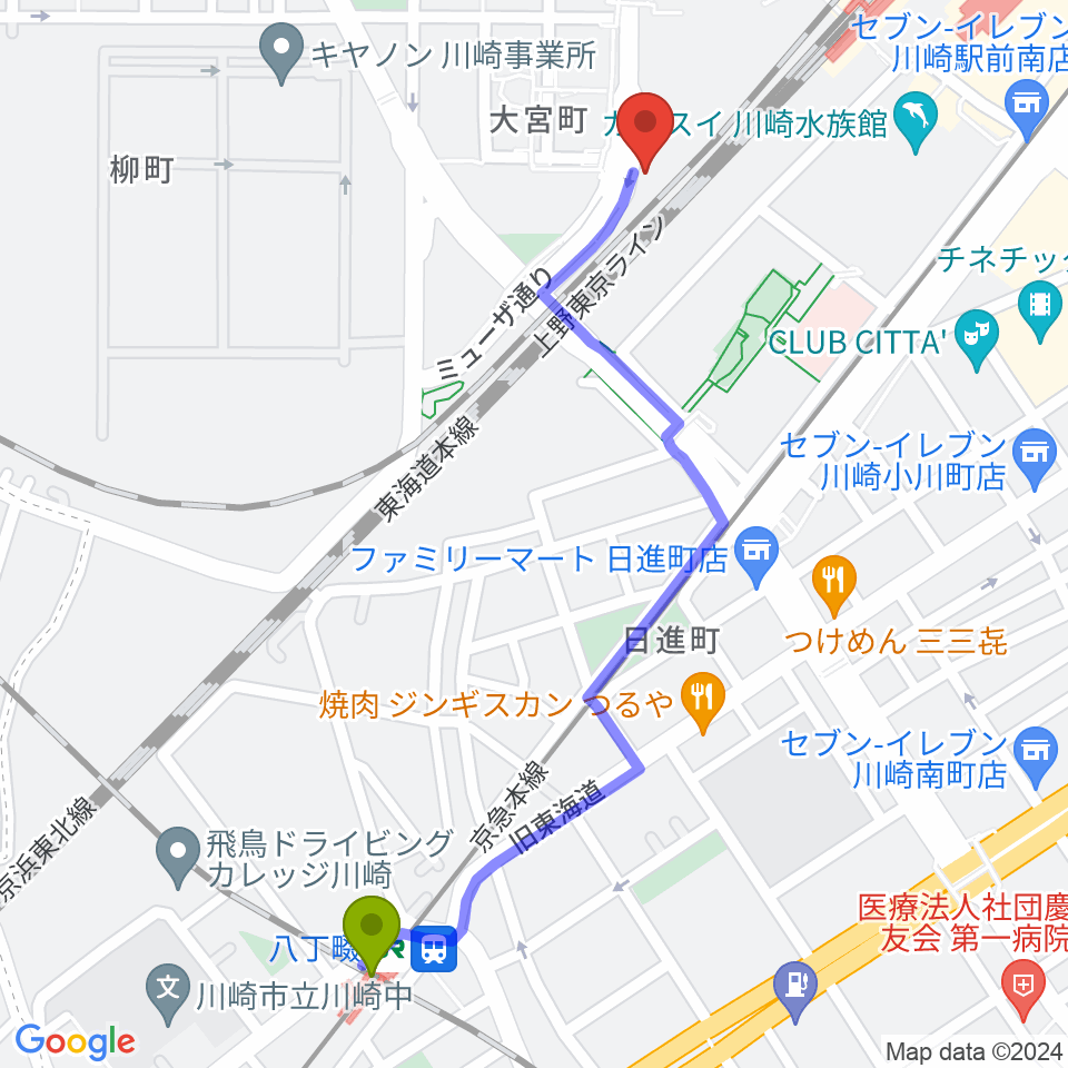 八丁畷駅からSUPERNOVA川崎へのルートマップ地図