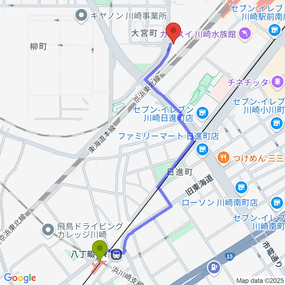 八丁畷駅からSUPERNOVA KAWASAKIへのルートマップ地図