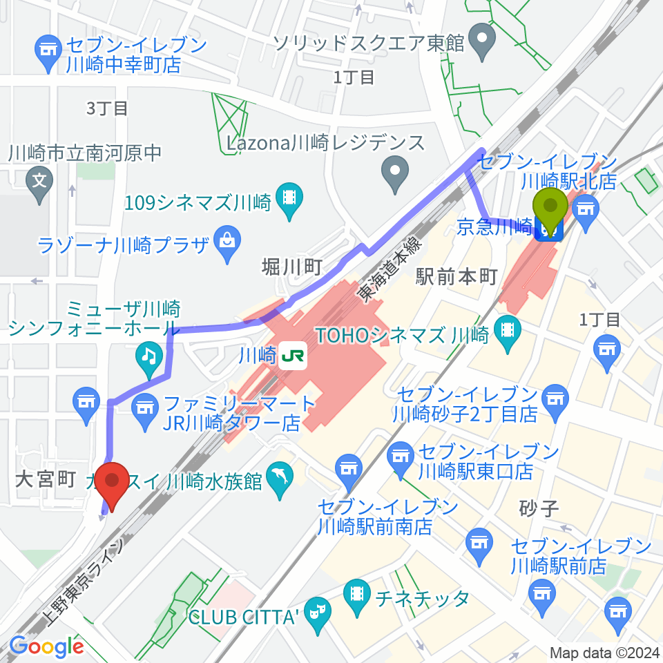 京急川崎駅からSUPERNOVA川崎へのルートマップ地図