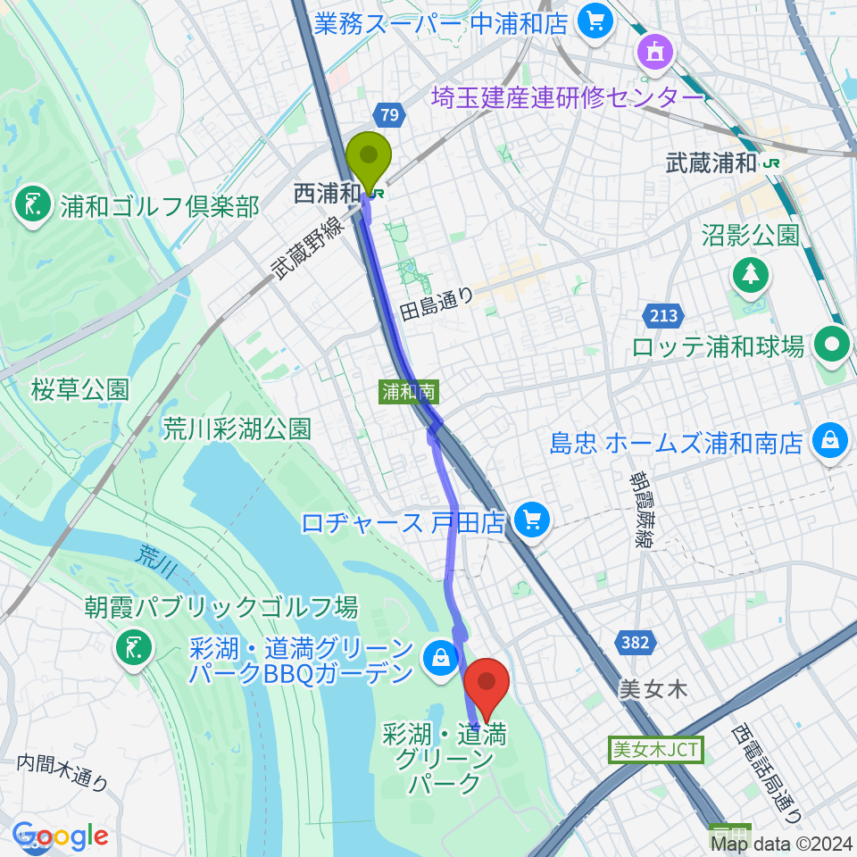 ヤクルト戸田グラウンドの最寄駅西浦和駅からの徒歩ルート（約39分）地図